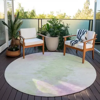 8' Artichoke Green Lavender And Ivory Round Abstract Washable Indoor Outdoor Area Rug