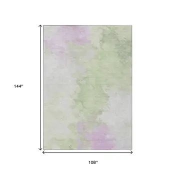 9' X 12' Artichoke Green Lavender And Ivory Abstract Washable Indoor Outdoor Area Rug