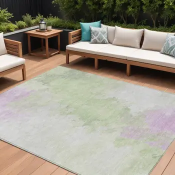 10' X 14' Artichoke Green Lavender And Ivory Abstract Washable Indoor Outdoor Area Rug