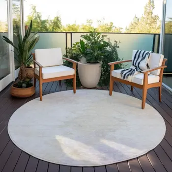 8' Beige Ivory And Lavender Round Abstract Washable Indoor Outdoor Area Rug