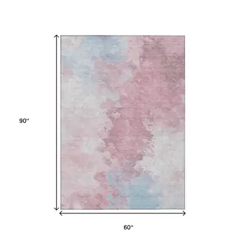 5' X 8' Blush Ivory And Blue Abstract Washable Indoor Outdoor Area Rug