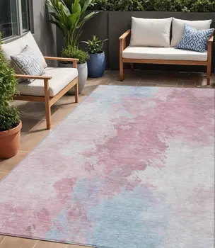 5' X 8' Blush Ivory And Blue Abstract Washable Indoor Outdoor Area Rug