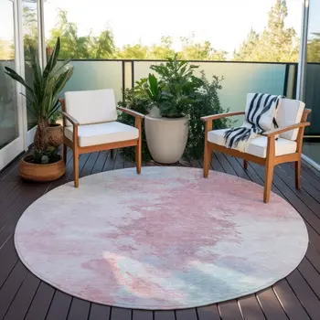 8' Blush Ivory And Blue Round Abstract Washable Indoor Outdoor Area Rug