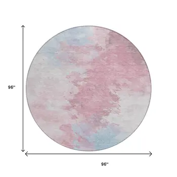 8' Blush Ivory And Blue Round Abstract Washable Indoor Outdoor Area Rug