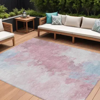 8' X 10' Blush Ivory And Blue Abstract Washable Indoor Outdoor Area Rug