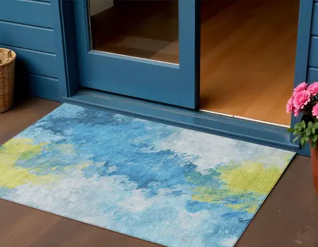 3' X 5' Blue Yellow And Ivory Abstract Washable Indoor Outdoor Area Rug