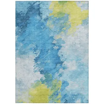 3' X 5' Blue Yellow And Ivory Abstract Washable Indoor Outdoor Area Rug