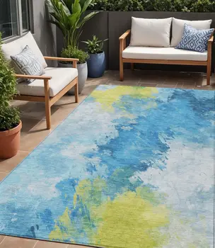 5' X 8' Blue Yellow And Ivory Abstract Washable Indoor Outdoor Area Rug