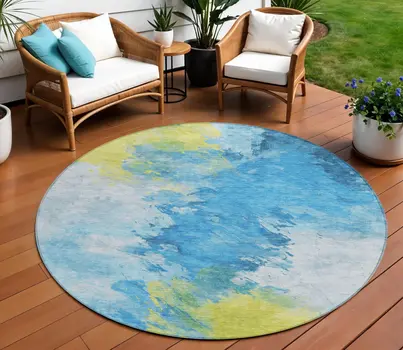 8' Blue Yellow And Ivory Round Abstract Washable Indoor Outdoor Area Rug