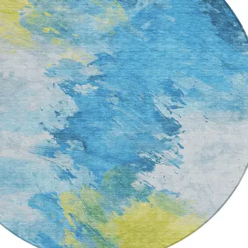 8' Blue Yellow And Ivory Round Abstract Washable Indoor Outdoor Area Rug