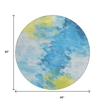 8' Blue Yellow And Ivory Round Abstract Washable Indoor Outdoor Area Rug