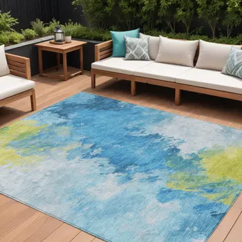 10' X 14' Blue Yellow And Ivory Abstract Washable Indoor Outdoor Area Rug