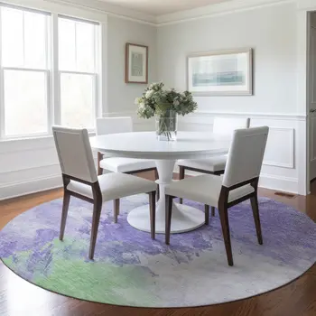8' Lavender Mint Green And Ivory Round Abstract Washable Indoor Outdoor Area Rug