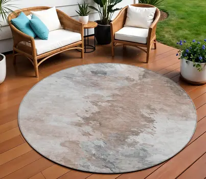 8' Brown Ivory And Gray Round Abstract Washable Indoor Outdoor Area Rug