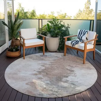 8' Brown Ivory And Gray Round Abstract Washable Indoor Outdoor Area Rug