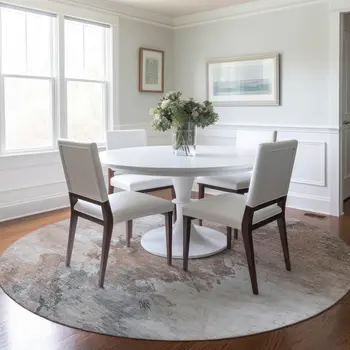 8' Brown Ivory And Gray Round Abstract Washable Indoor Outdoor Area Rug