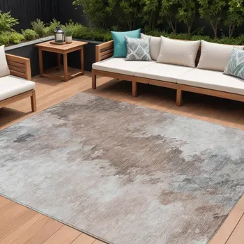 9' X 12' Brown Ivory And Gray Abstract Washable Indoor Outdoor Area Rug