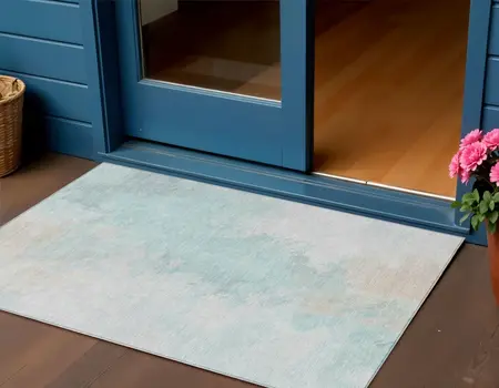 3' X 5' Pale Aqua Beige And Ivory Abstract Washable Indoor Outdoor Area Rug