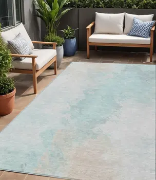 5' X 8' Pale Aqua Beige And Ivory Abstract Washable Indoor Outdoor Area Rug