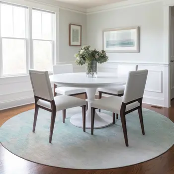 8' Pale Aqua Beige And Ivory Round Abstract Washable Indoor Outdoor Area Rug