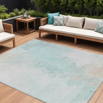 8' X 10' Pale Aqua Beige And Ivory Abstract Washable Indoor Outdoor Area Rug