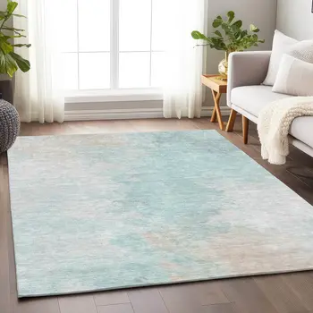 9' X 12' Pale Aqua Beige And Ivory Abstract Washable Indoor Outdoor Area Rug