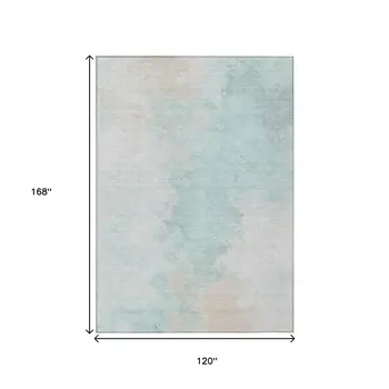 10' X 14' Pale Aqua Beige And Ivory Abstract Washable Indoor Outdoor Area Rug