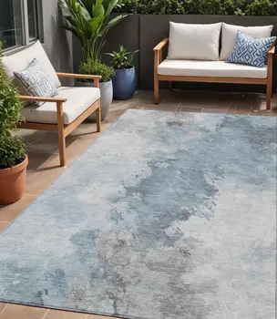 5' X 8' Sky Blue Gray And Ivory Abstract Washable Indoor Outdoor Area Rug