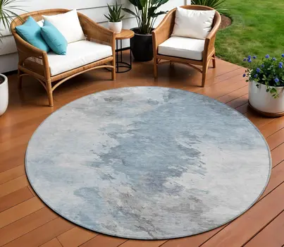 8' Sky Blue Gray And Ivory Round Abstract Washable Indoor Outdoor Area Rug