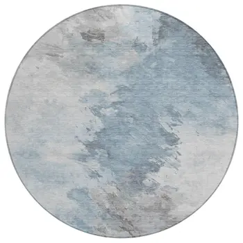 8' Sky Blue Gray And Ivory Round Abstract Washable Indoor Outdoor Area Rug
