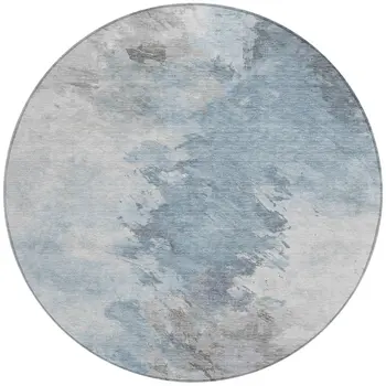 8' Sky Blue Gray And Ivory Round Abstract Washable Indoor Outdoor Area Rug