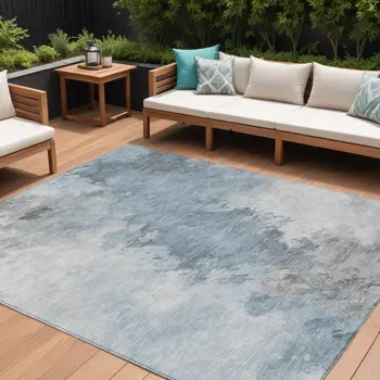 8' X 10' Sky Blue Gray And Ivory Abstract Washable Indoor Outdoor Area Rug