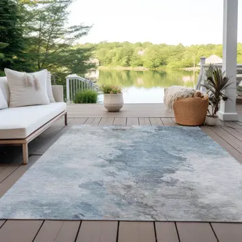 8' X 10' Sky Blue Gray And Ivory Abstract Washable Indoor Outdoor Area Rug
