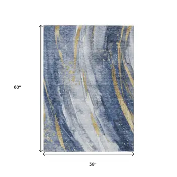 3' X 5' Blue Gold And Ivory Abstract Washable Indoor Outdoor Area Rug