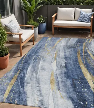 5' X 8' Blue Gold And Ivory Abstract Washable Indoor Outdoor Area Rug