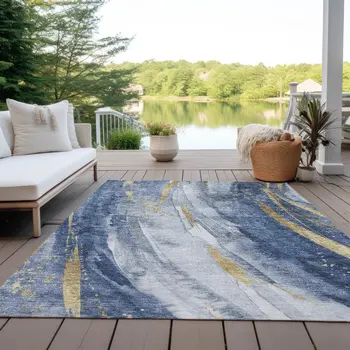 5' X 8' Blue Gold And Ivory Abstract Washable Indoor Outdoor Area Rug