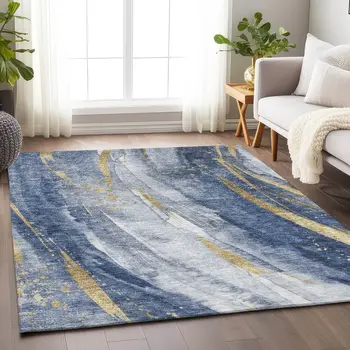 5' X 8' Blue Gold And Ivory Abstract Washable Indoor Outdoor Area Rug