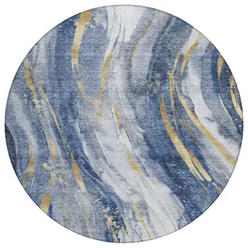 8' Blue Gold And Ivory Round Abstract Washable Indoor Outdoor Area Rug