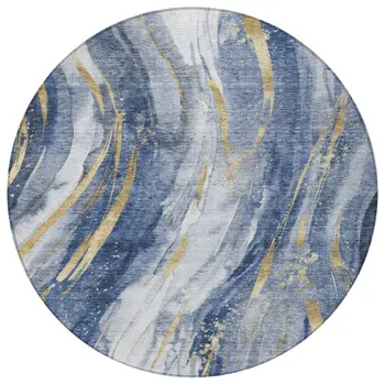 8' Blue Gold And Ivory Round Abstract Washable Indoor Outdoor Area Rug
