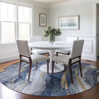 8' Blue Gold And Ivory Round Abstract Washable Indoor Outdoor Area Rug
