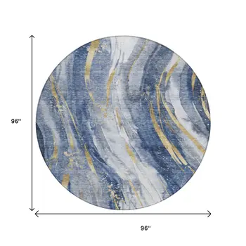 8' Blue Gold And Ivory Round Abstract Washable Indoor Outdoor Area Rug