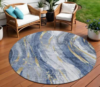 8' Blue Gold And Ivory Round Abstract Washable Indoor Outdoor Area Rug