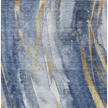 8' X 10' Blue Gold And Ivory Abstract Washable Indoor Outdoor Area Rug