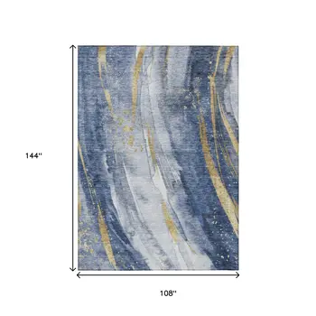 9' X 12' Blue Gold And Ivory Abstract Washable Indoor Outdoor Area Rug