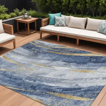 9' X 12' Blue Gold And Ivory Abstract Washable Indoor Outdoor Area Rug