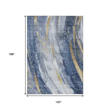 10' X 14' Blue Gold And Ivory Abstract Washable Indoor Outdoor Area Rug