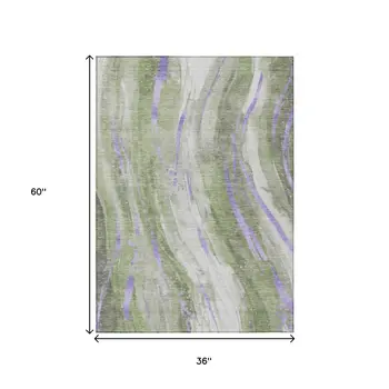 3' X 5' Olive Green Lavender And Ivory Abstract Washable Indoor Outdoor Area Rug