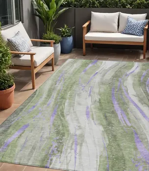 5' X 8' Olive Green Lavender And Ivory Abstract Washable Indoor Outdoor Area Rug