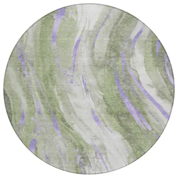 8' Olive Green Lavender And Ivory Round Abstract Washable Indoor Outdoor Area Rug
