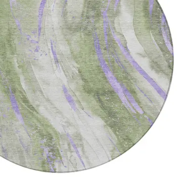 8' Olive Green Lavender And Ivory Round Abstract Washable Indoor Outdoor Area Rug
